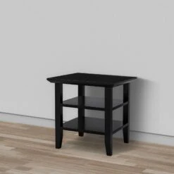 19 Inch Handcrafted Rubberwood Square Side End Table, 2 Shelves, Chamfered Legs, Black-Benzara -Olsberg shop 2b8d3fd2c88141bdb609028afa4d3dbd