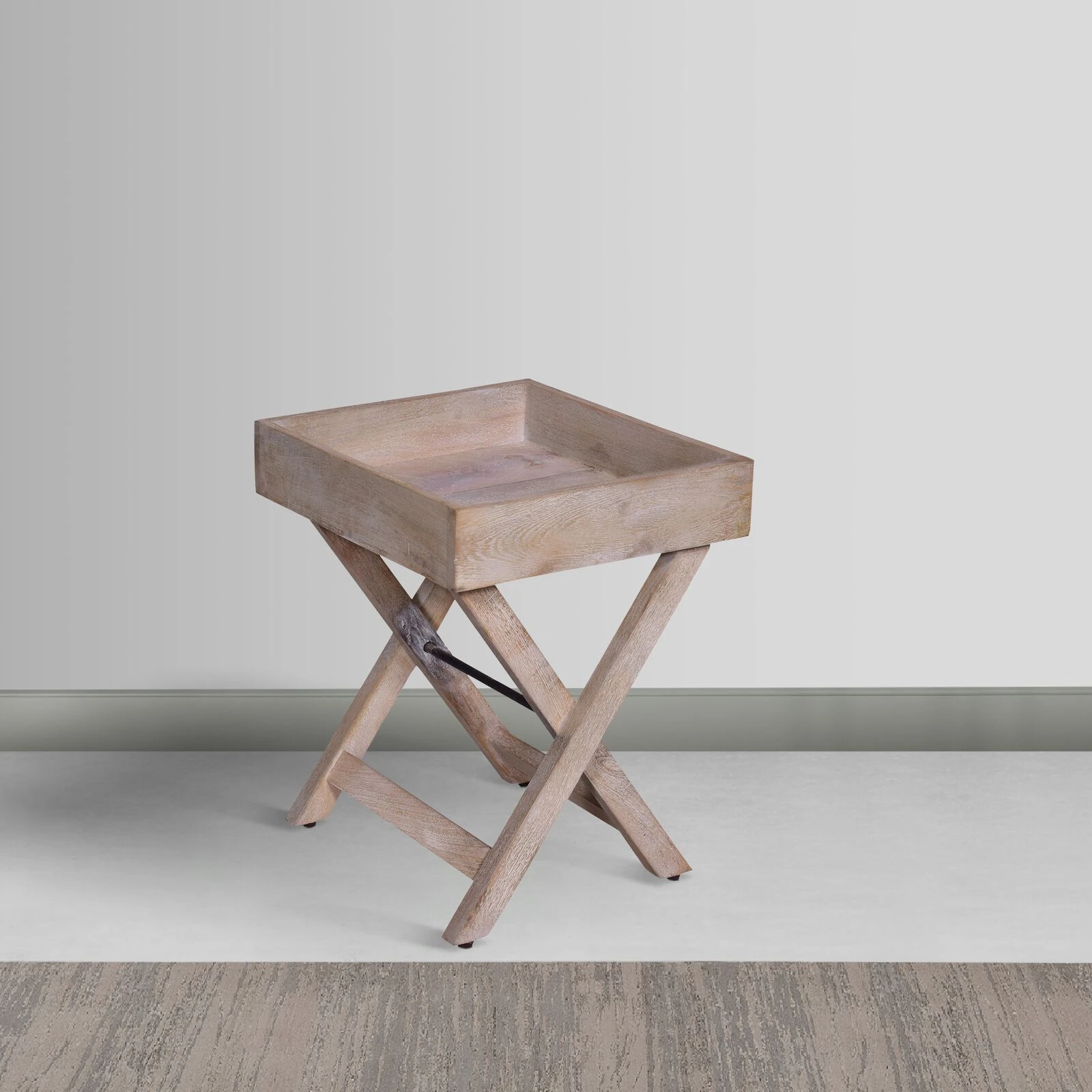 22 Inch Farmhouse Square Tray Top End Table, Mango Wood, X Shape Foldable Frame, Washed White-Benzara 4 22 Inch Farmhouse Square Tray Top End Table, Mango Wood, X Shape Foldable Frame, Washed White-Benzara - Image 2