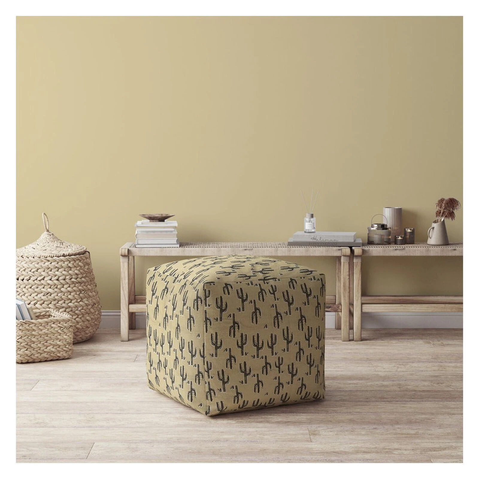 Homezia 17" Beige Cotton Floral Pouf Ottoman 4 Homezia 17" Beige Cotton Floral Pouf Ottoman - Image 2