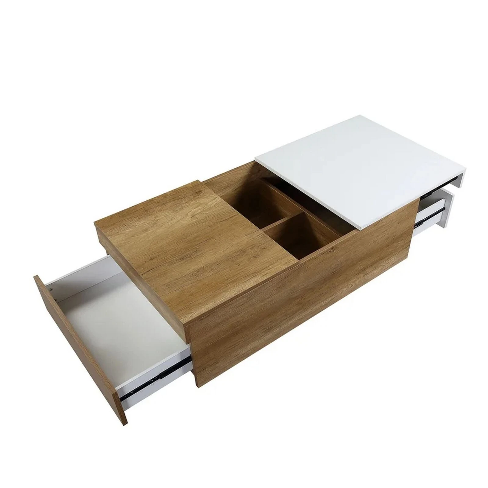 49 Inch Wood Coffee Table, Extendable Top, 2 Drawers, Walnut, White-Benzara 4 49 Inch Wood Coffee Table, Extendable Top, 2 Drawers, Walnut, White-Benzara - Image 2