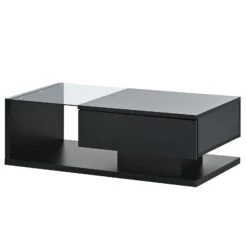 Modern Coffee Table With Tempered Glass, Wooden Cocktail Table, 2-Tier Rectangle Center Table For Living Room