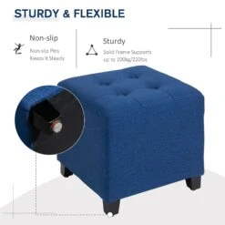 Tufted Ottoman Linen-Touch Fabric Upholstered Footrest Stool With Anti-Slip Pads, Blue -Olsberg shop 33614c83ebcb4f3190146beb070dd6e1