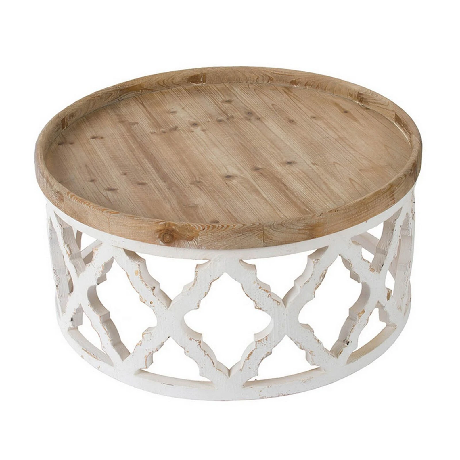 Ode 32 Inch Coffee Table, Round, Quatrefoil Lattice Design, Brown, White-Benzara 4 Ode 32 Inch Coffee Table, Round, Quatrefoil Lattice Design, Brown, White-Benzara - Image 2