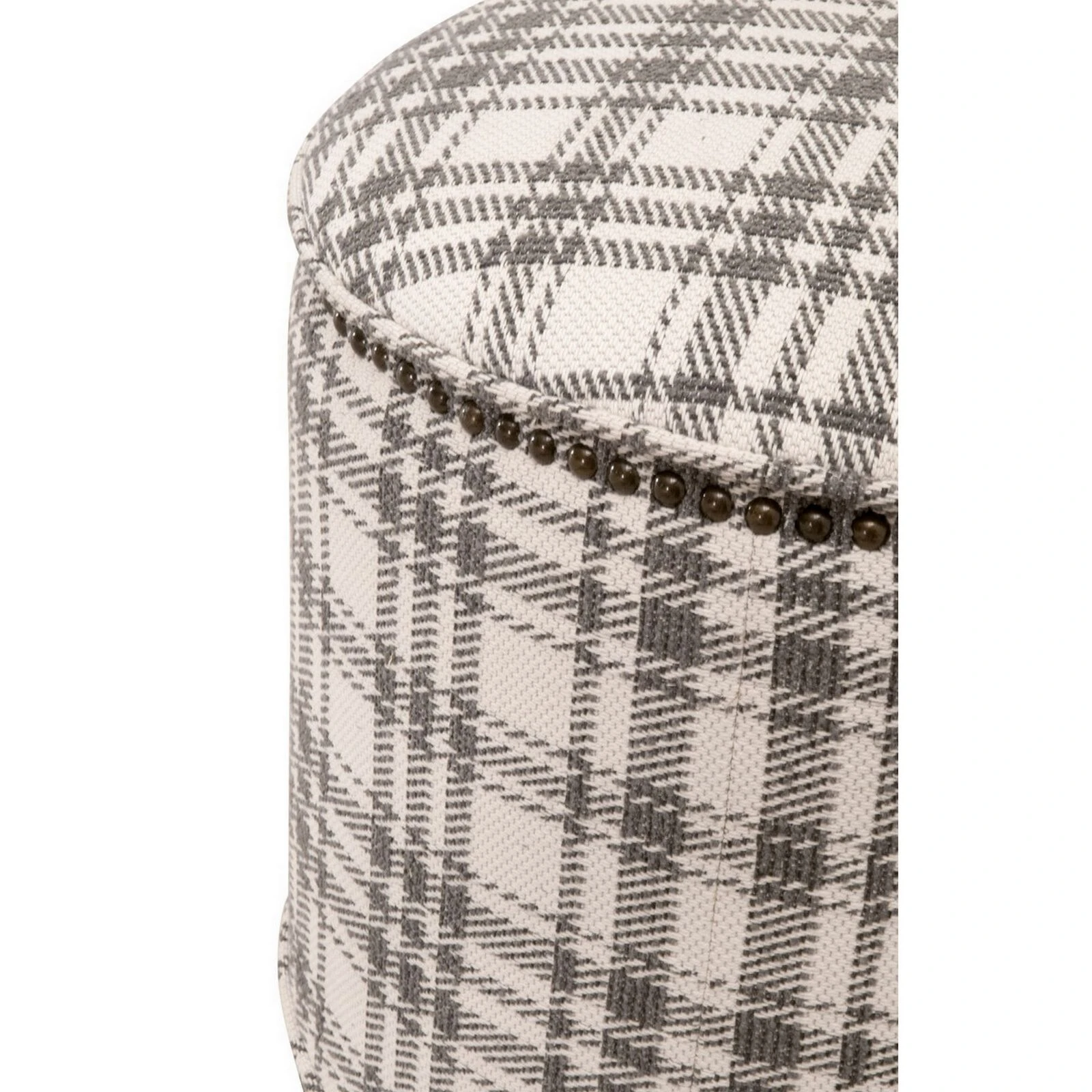 Elly 20 Inch Plaid Fabric Ottoman, Round, Nailhead Accents, Gray, White-Benzara 4 Elly 20 Inch Plaid Fabric Ottoman, Round, Nailhead Accents, Gray, White-Benzara - Image 2
