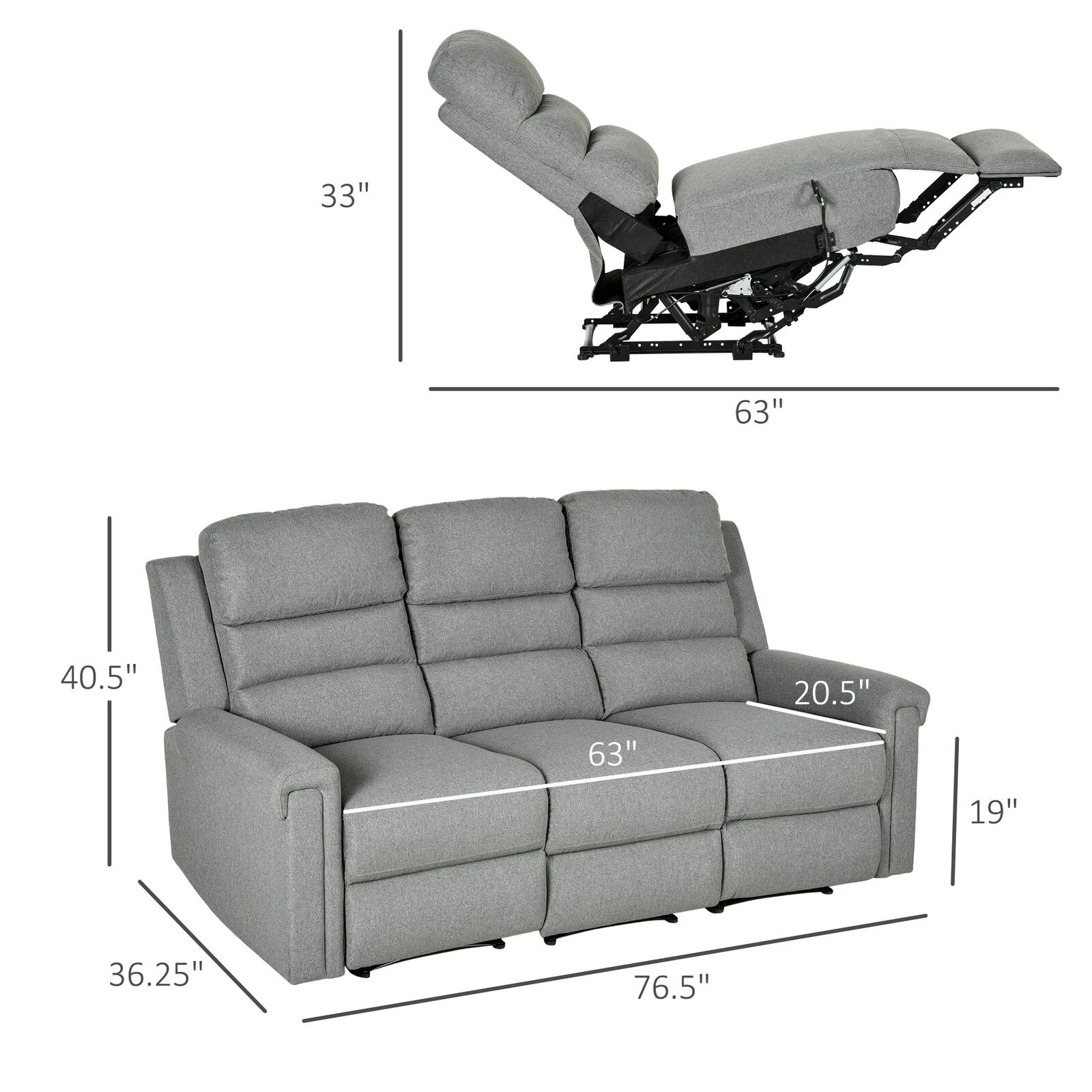 Modern 3 Seater Manual Reclining Sofa Lounger With Easy Pull Handles, And Adjustable Footrest, Grey 5 Modern 3 Seater Manual Reclining Sofa Lounger With Easy Pull Handles, And Adjustable Footrest, Grey - Image 3