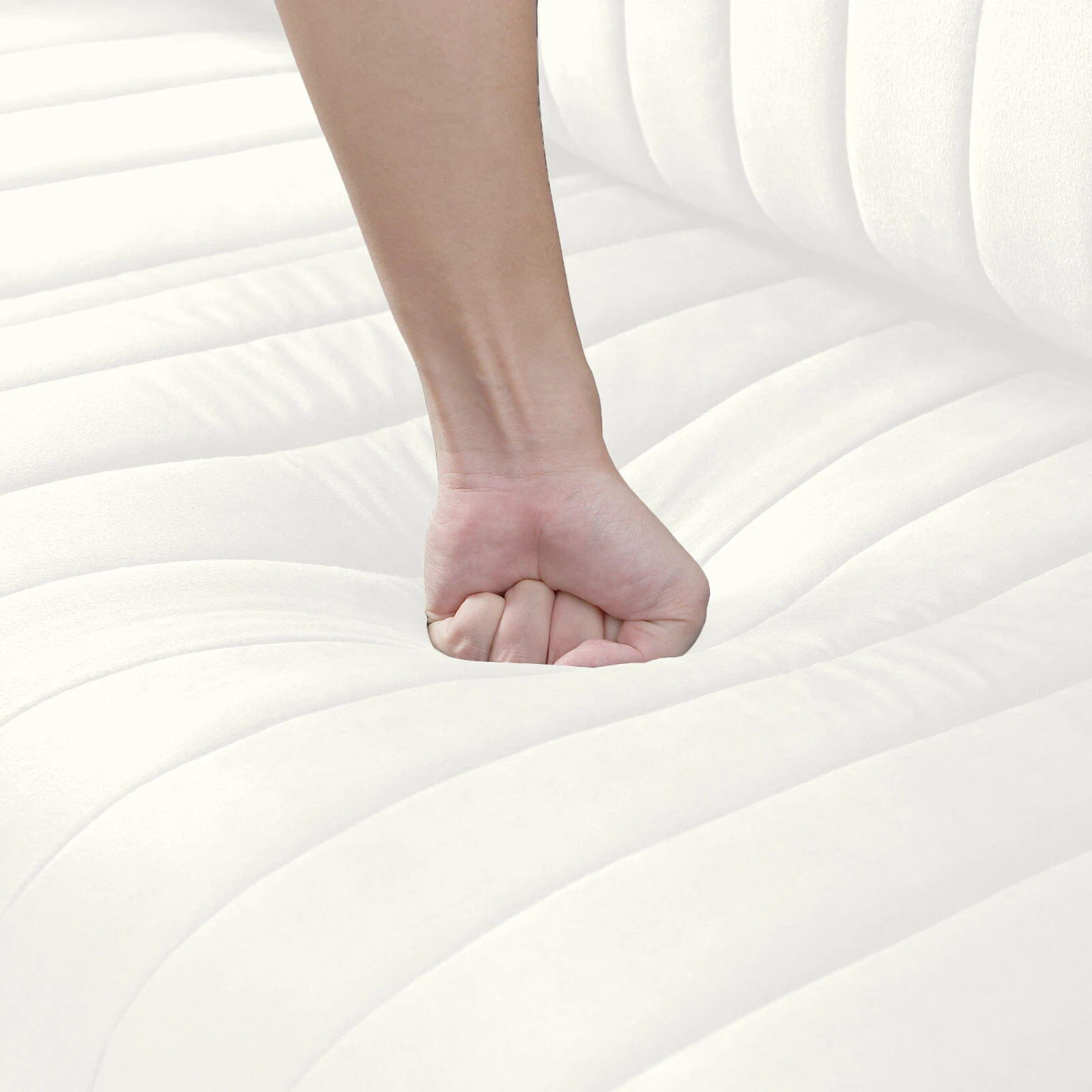 Contemporary Velvet Upholstered 3 Seater Sofa With Deep Channel Tufting And Gold Metal Legs, Cream 8 Contemporary Velvet Upholstered 3 Seater Sofa With Deep Channel Tufting And Gold Metal Legs, Cream - Image 6