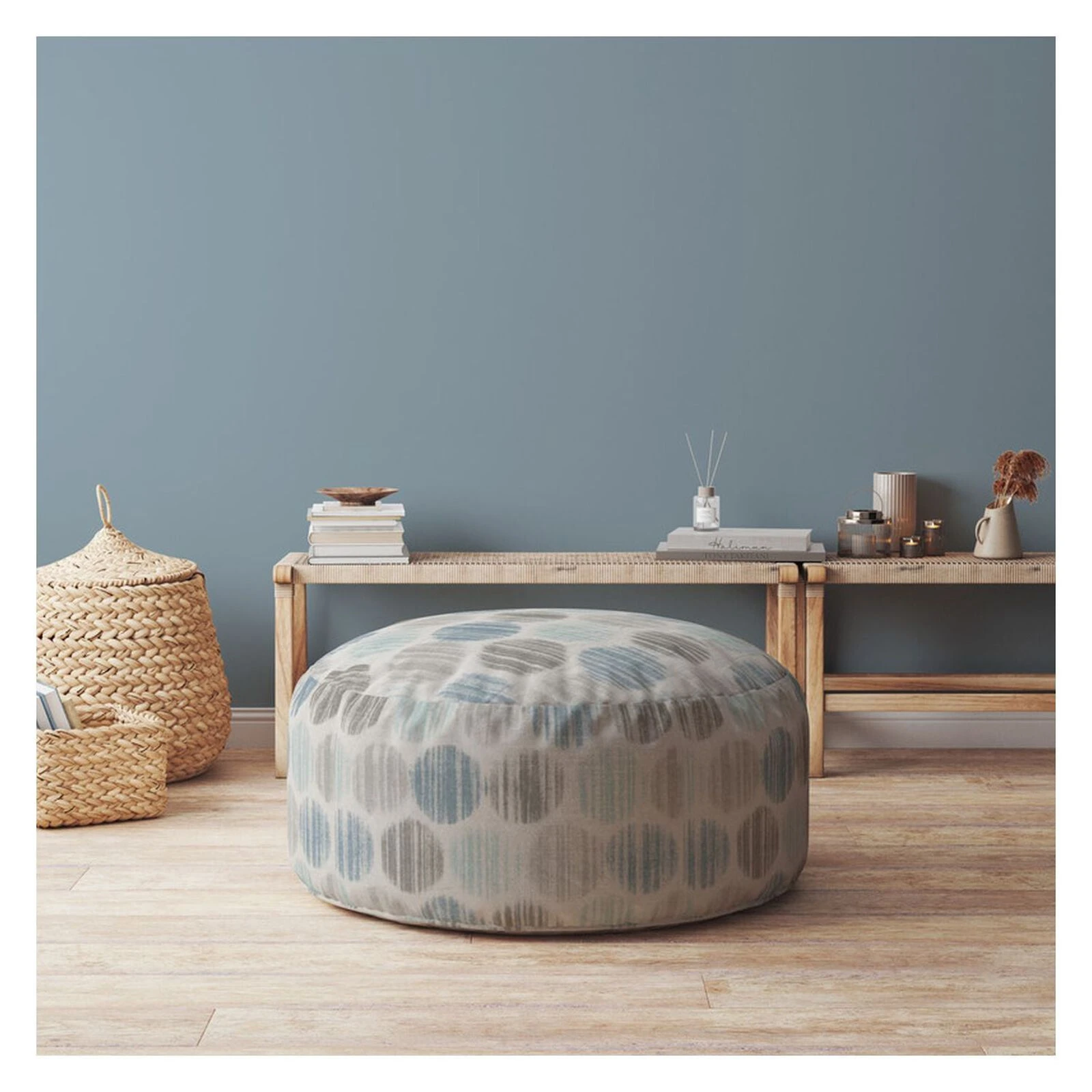 Homezia 24" Flax Round Polka Dots Pouf Ottoman 4 Homezia 24" Flax Round Polka Dots Pouf Ottoman - Image 2
