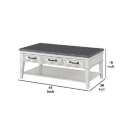 19 Inch 3 Drawer Coffee Table With Bottom Shelf, White And Gray-Benzara 11 19 Inch 3 Drawer Coffee Table With Bottom Shelf, White And Gray-Benzara -Olsberg shop 34e3a7df74884d42ab6cc959b8dc2c04