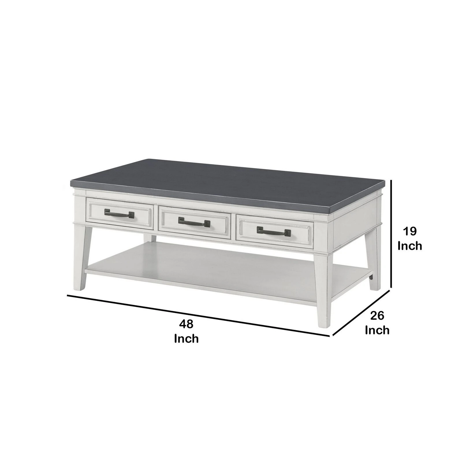 19 Inch 3 Drawer Coffee Table With Bottom Shelf, White And Gray-Benzara 7 19 Inch 3 Drawer Coffee Table With Bottom Shelf, White And Gray-Benzara - Image 5