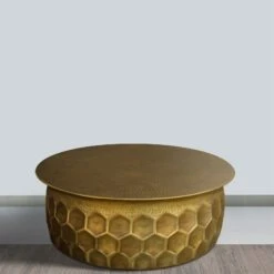 Jed 32 Inch Handcrafted Industrial Hammered Brass Round Coffee Table, Aluminum, Antique Brass-Benzara -Olsberg shop 37345b7b53ff45edb2ab2056aa9924f9
