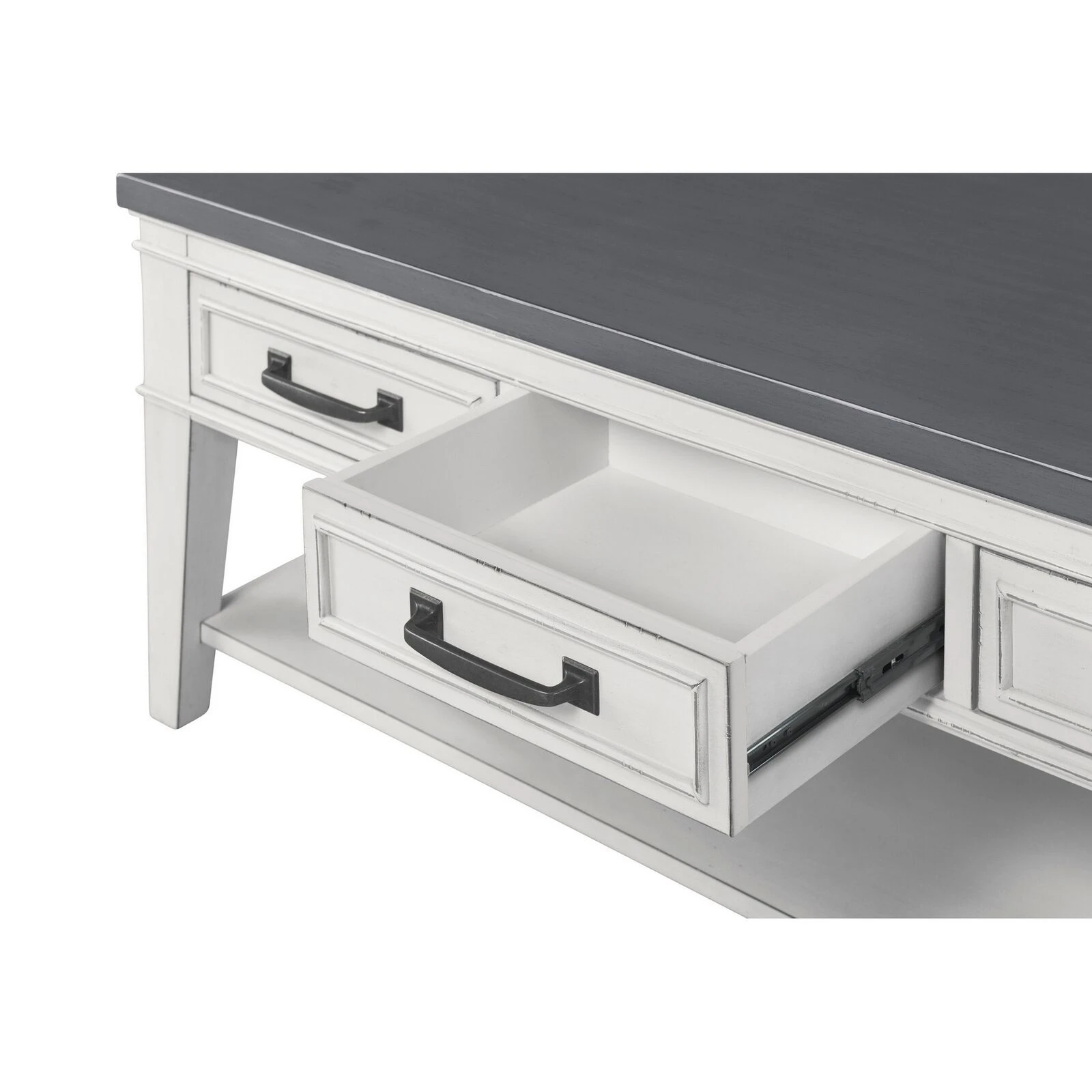 19 Inch 3 Drawer Coffee Table With Bottom Shelf, White And Gray-Benzara 6 19 Inch 3 Drawer Coffee Table With Bottom Shelf, White And Gray-Benzara - Image 4