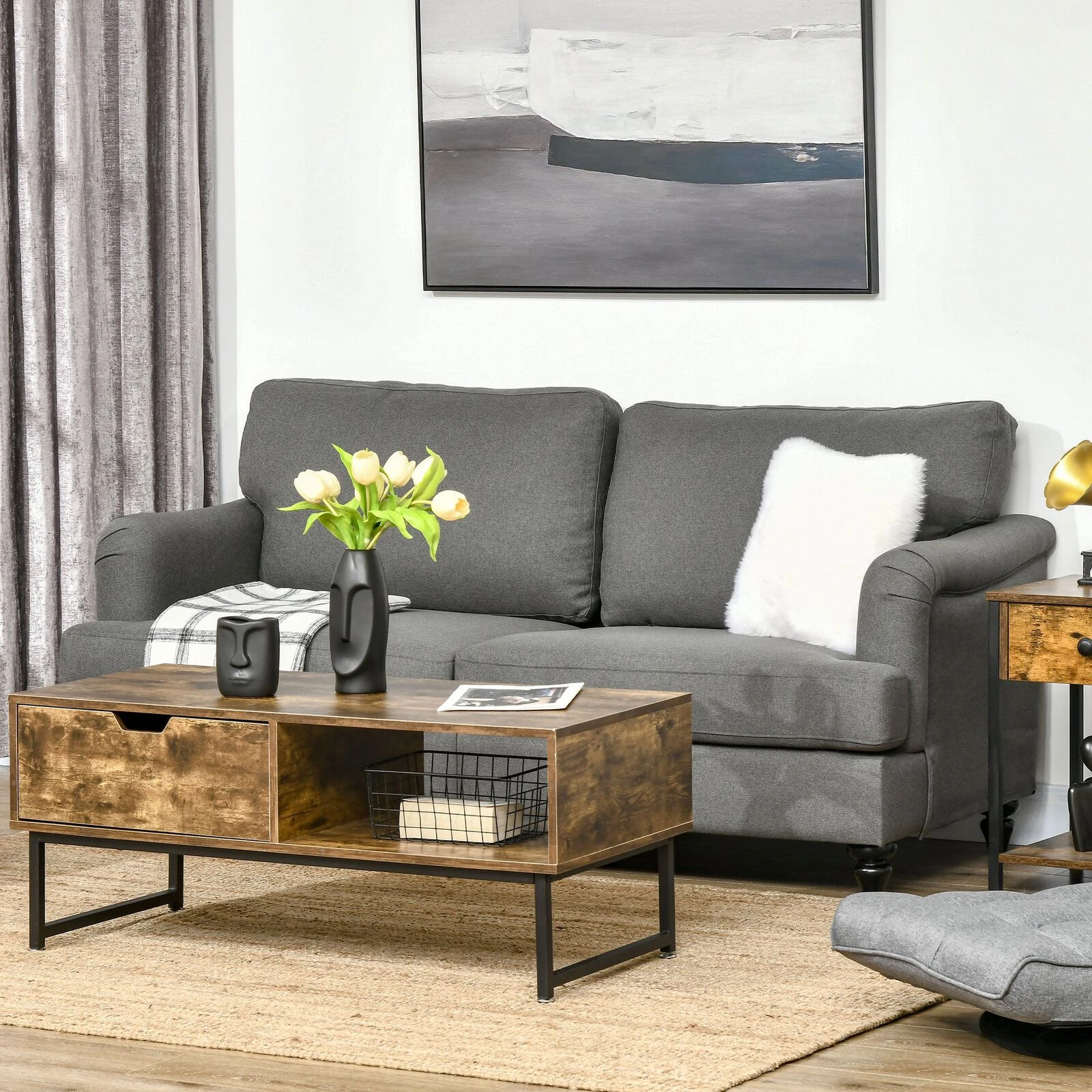 Grey 3-Seater Sofa Couch, 71" Modern Linen Fabric Sofa With Rubber Wood Legs And Slatted Frame 4 Grey 3-Seater Sofa Couch, 71" Modern Linen Fabric Sofa With Rubber Wood Legs And Slatted Frame - Image 2