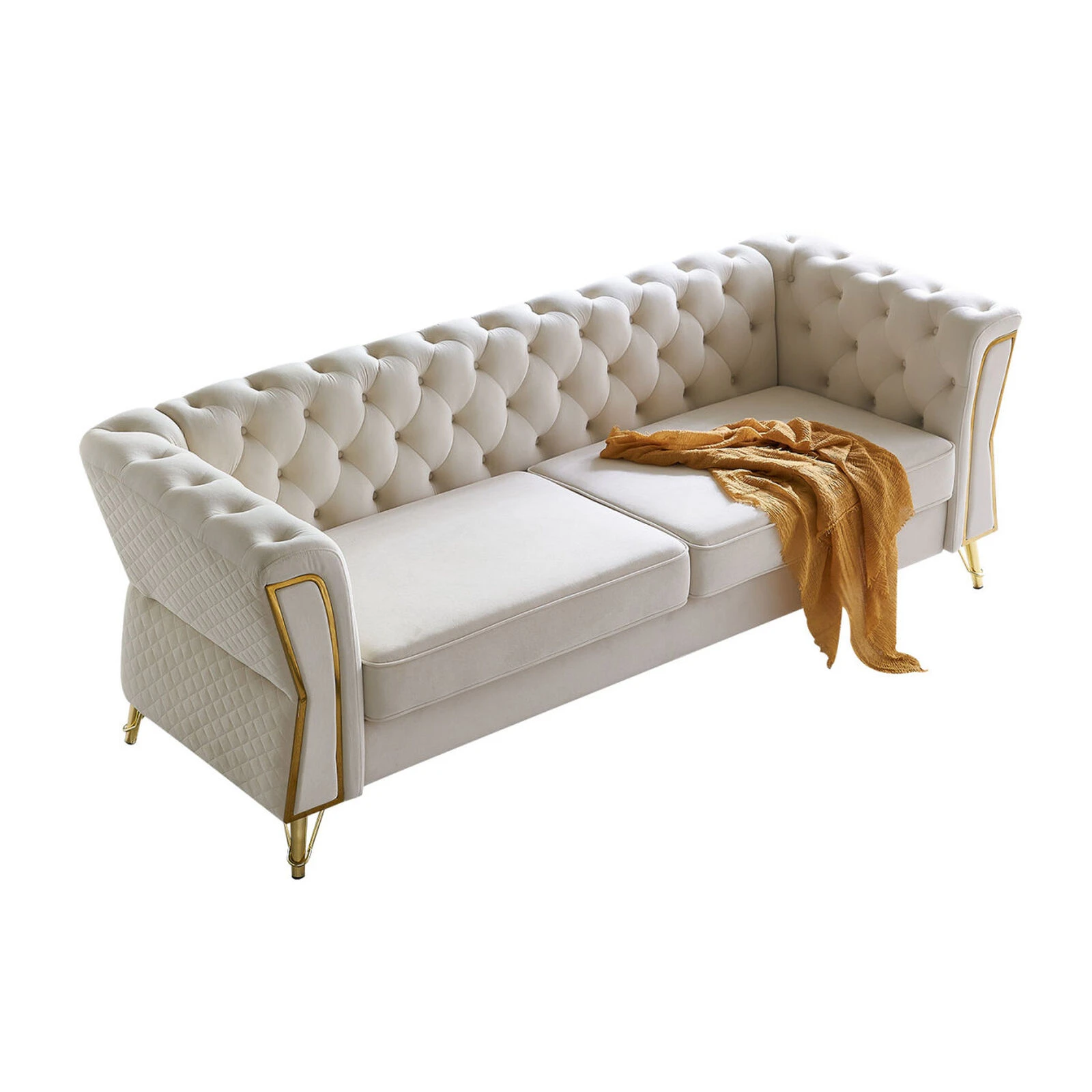 Modern Tufted Velvet Sofa 87.4 Inch For Living Room Beige Color 11 Modern Tufted Velvet Sofa 87.4 Inch For Living Room Beige Color - Image 9