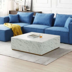Modern Square Coffee Table Low Gloss Marble White Finish End Table For Living Room 39.37" W X 13.78" H -Olsberg shop 3b369a7a390d4c0db6eaa09f592930a8