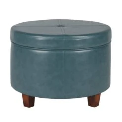Leatherette Upholstered Wooden Ottoman With Single Button Tufted Lift Top Storage, Teal Blue, Large-Benzara