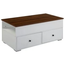 46 Inch Wood Coffee Table, Lift Top, 2 Drawers, Storage, Walnut, White-Benzara
