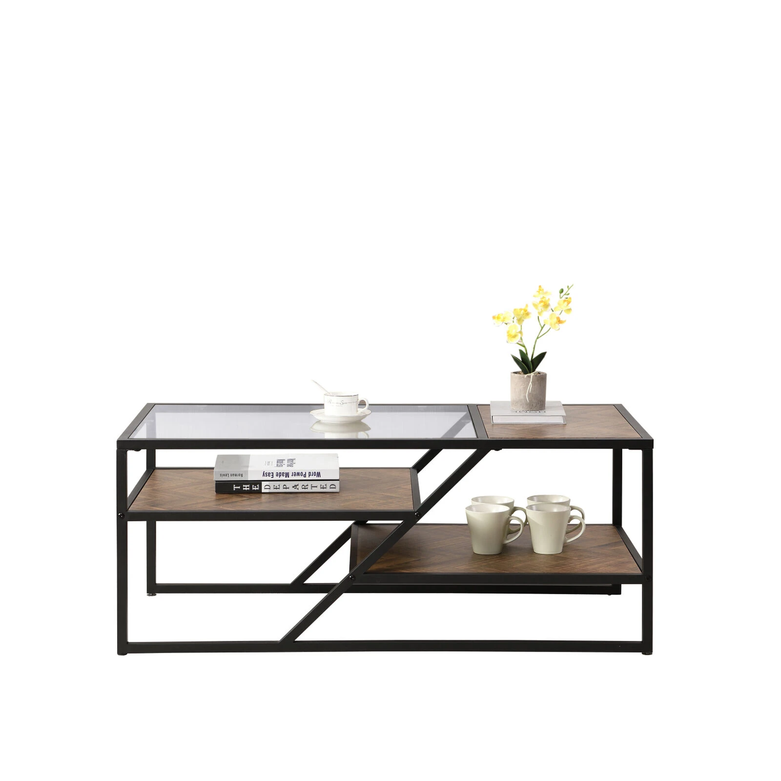 Black Coffee Table With Storage Shelf, Tempered Glass Coffee Table With Metal Frame 10 Black Coffee Table With Storage Shelf, Tempered Glass Coffee Table With Metal Frame - Image 8