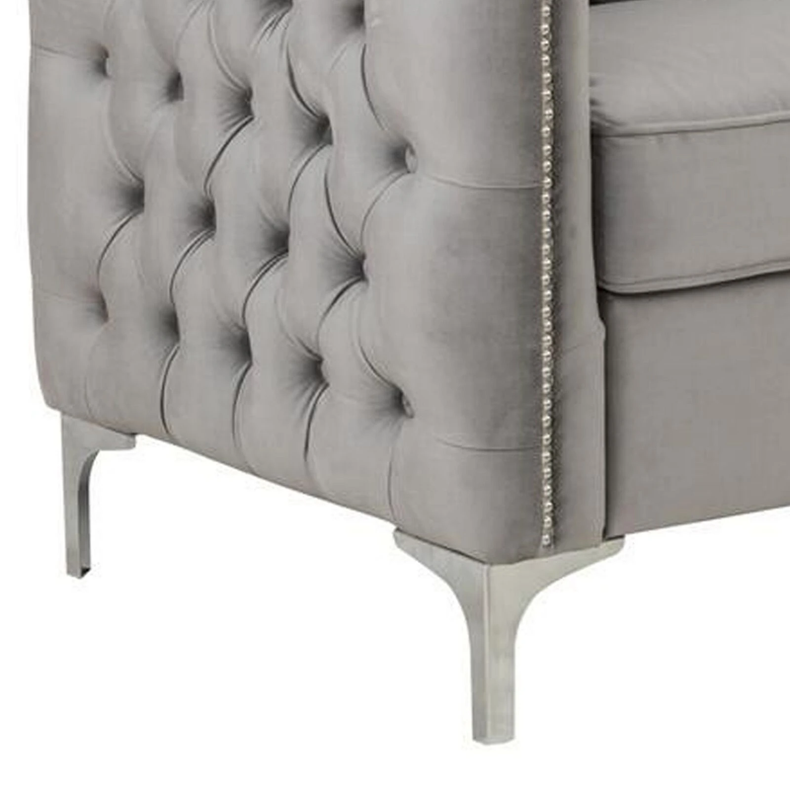 Joel 73 Inch Modern Sofa With 3 Pillows, Tufted Gray Velvet, Silver Legs-Benzara 6 Joel 73 Inch Modern Sofa With 3 Pillows, Tufted Gray Velvet, Silver Legs-Benzara - Image 4
