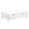 Tyra 53 Inch Modern Coffee Table, 2 Drawers, Metal Handles, White, Gold-Benzara 1 Tyra 53 Inch Modern Coffee Table, 2 Drawers, Metal Handles, White, Gold-Benzara -Olsberg shop 458abf85bc654e2c8b40d91176e1e640