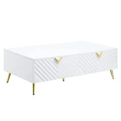 Tyra 53 Inch Modern Coffee Table, 2 Drawers, Metal Handles, White, Gold-Benzara