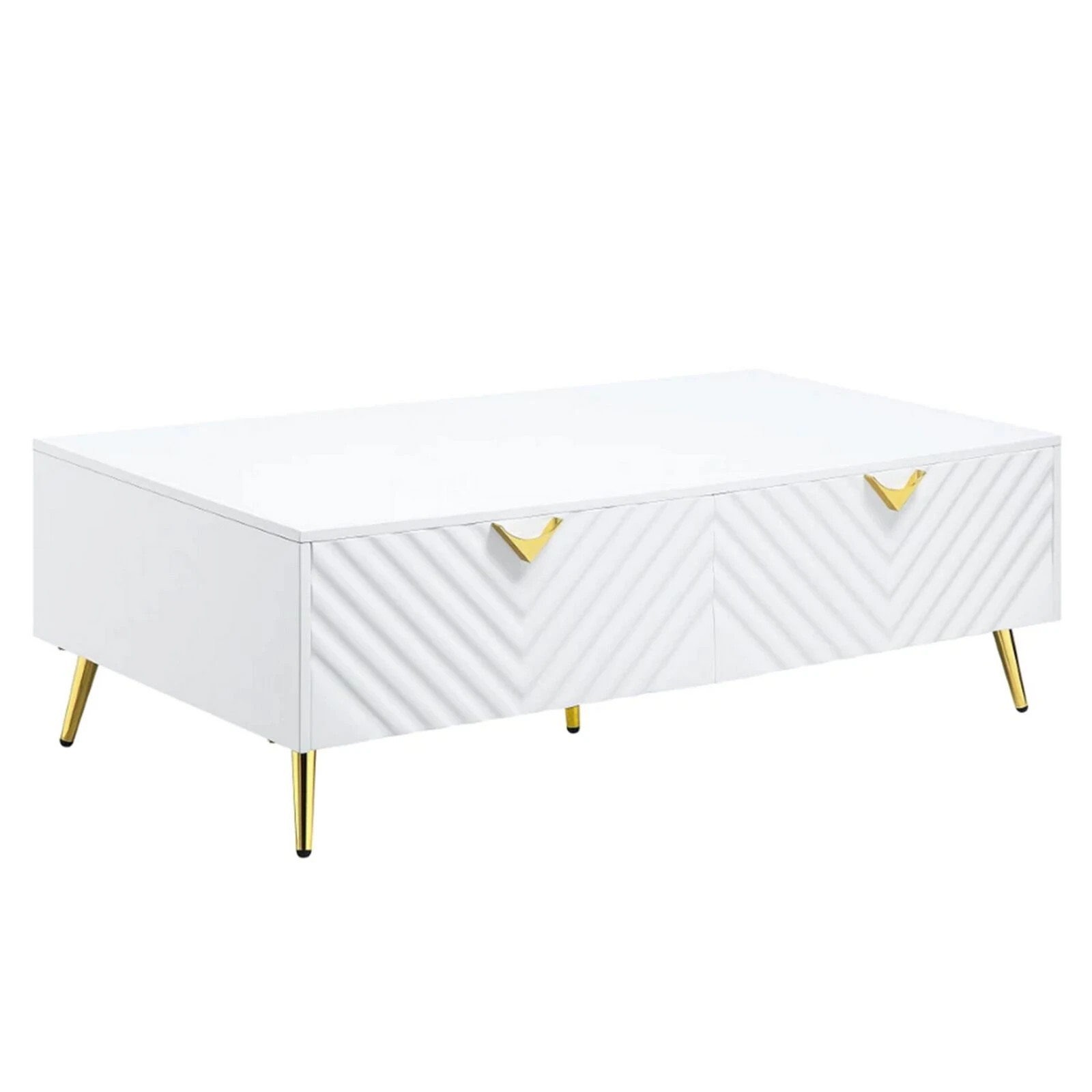Tyra 53 Inch Modern Coffee Table, 2 Drawers, Metal Handles, White, Gold-Benzara 3 Tyra 53 Inch Modern Coffee Table, 2 Drawers, Metal Handles, White, Gold-Benzara