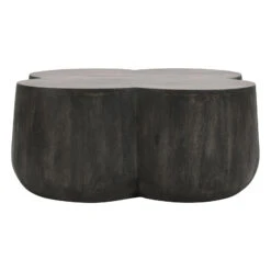 36 Inch Artisanal Classic Coffee Table, Clover Leaf Drum Shaped Mango Wood Frame, Gray-Benzara -Olsberg shop 47592f9dc3d546339ac100ea4d4b65d9