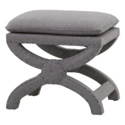 23 Inch Fabric Upholstered Ottoman, Plush Cushioned, Curved X Frame, Gray-Benzara