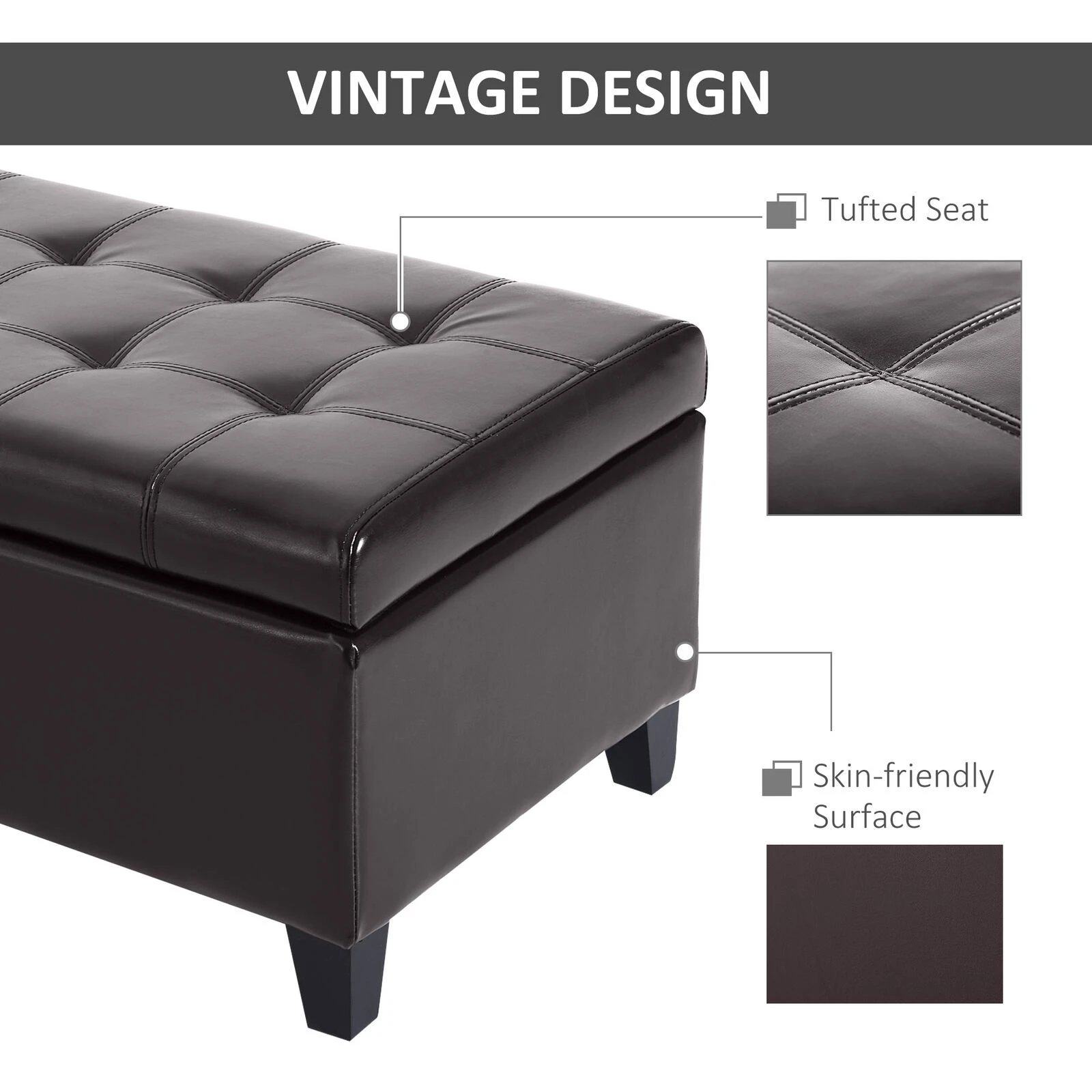 Large 51" Tufted Faux Leather Ottoman Storage Bench For Living Room, Entryway, Or Bedroom, Dark Brown 8 Large 51" Tufted Faux Leather Ottoman Storage Bench For Living Room, Entryway, Or Bedroom, Dark Brown - Image 6