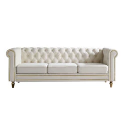 Chesterfield Velvet Sofa 84.65 Inch For Living Room Beige Color
