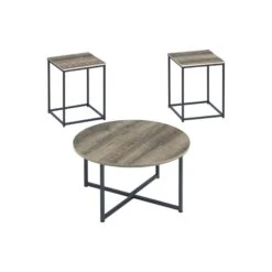 Wooden Table Set With Sturdy Metal Base, Set Of Three, Gray And Brown-Benzara