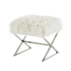 Homezia 18" White Faux Fur With Silver Ottoman -Olsberg shop 4e1d8cc3e6944822abb2617c214440a5