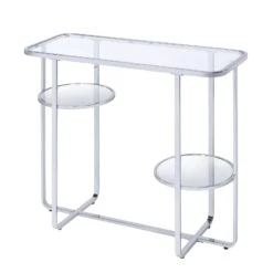 Contemporary Metal Sofa Table With Glass Top, Silver And Clear-Benzara