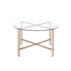 Coffee Table With X Shaped Metal Base And Round Glass Top, Gold-Benzara -Olsberg shop 4e5aa6c2a008462cafb6e64ea1283f8c