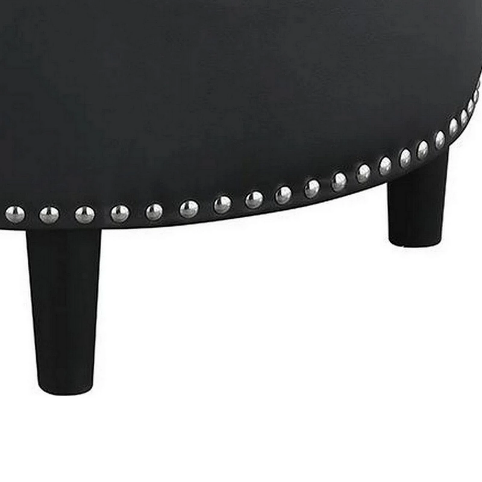 30 Inch Round Storage Ottoman, Black Vegan Faux Leather, Button Tufted-Benzara 6 30 Inch Round Storage Ottoman, Black Vegan Faux Leather, Button Tufted-Benzara - Image 4