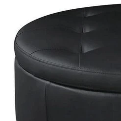 30 Inch Round Storage Ottoman, Black Vegan Faux Leather, Button Tufted-Benzara 8 30 Inch Round Storage Ottoman, Black Vegan Faux Leather, Button Tufted-Benzara -Olsberg shop 4e7ac750d60a4ecdab8c459a5c1e8f54