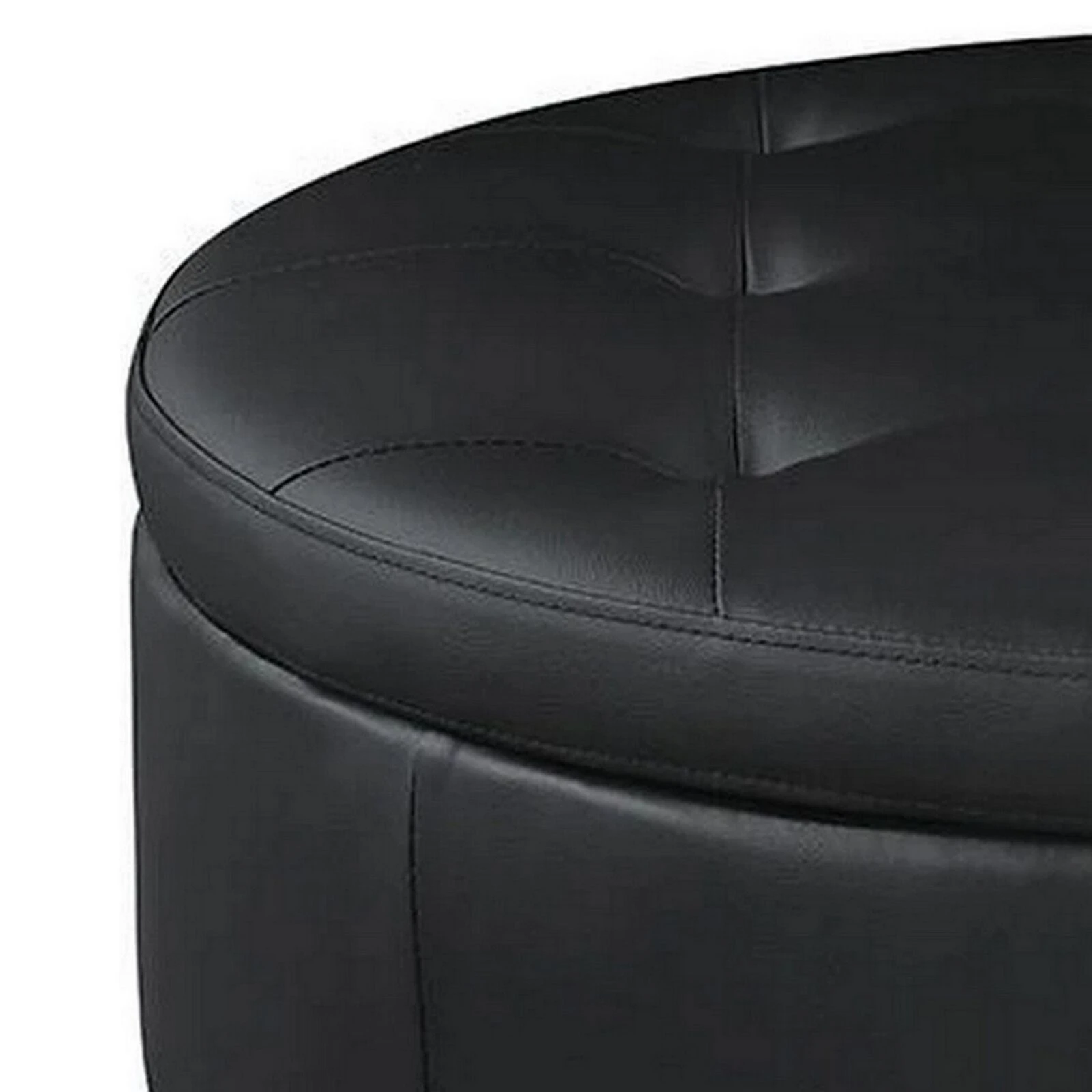 30 Inch Round Storage Ottoman, Black Vegan Faux Leather, Button Tufted-Benzara 4 30 Inch Round Storage Ottoman, Black Vegan Faux Leather, Button Tufted-Benzara - Image 2
