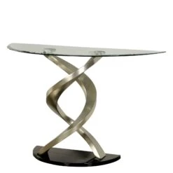 Sofa Table With Twisted Metal Base And Semi Circular Glass Top, Silver-Benzara