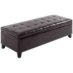 Large 51" Tufted Faux Leather Ottoman Storage Bench For Living Room, Entryway, Or Bedroom, Dark Brown