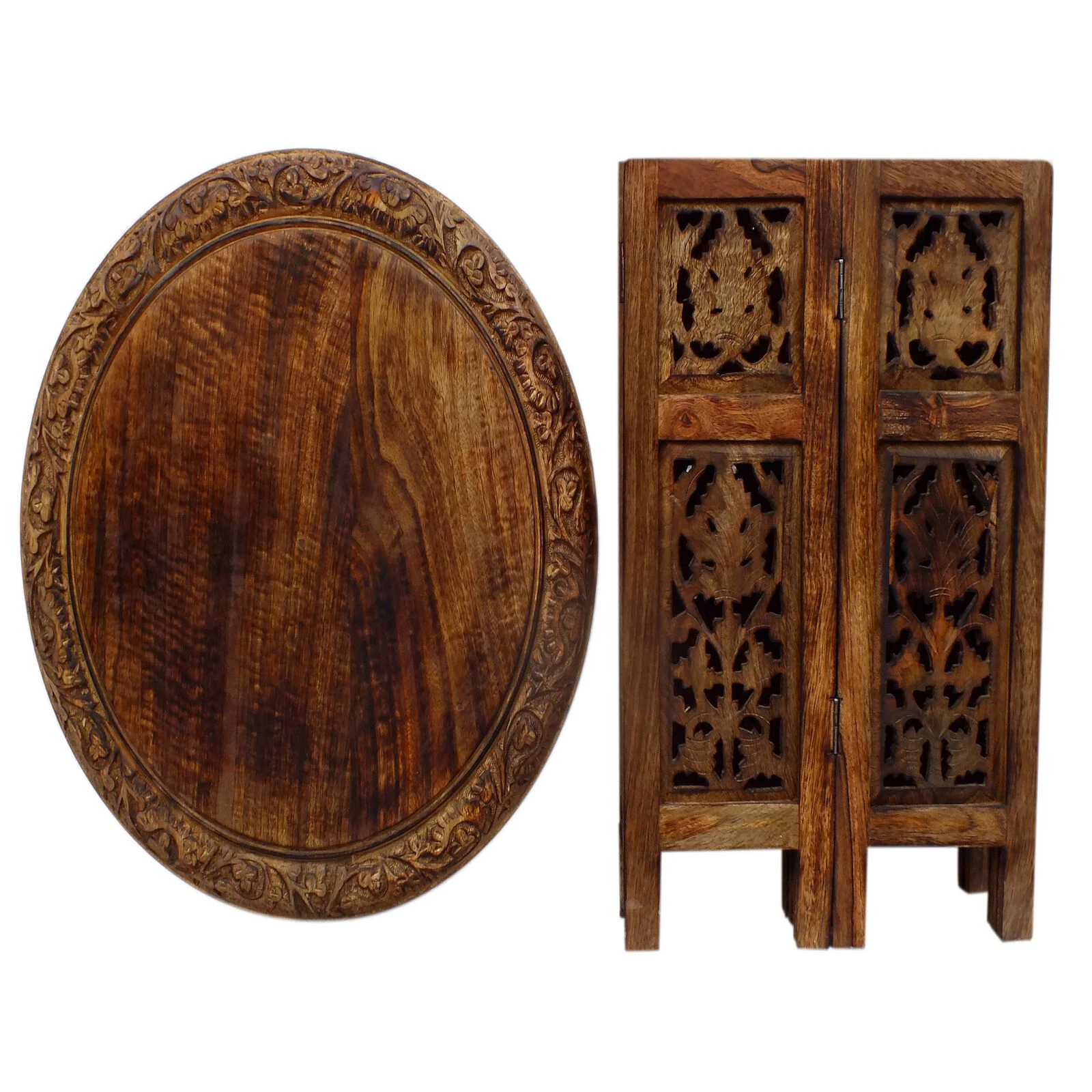 18 Inch Mango Wood Folding Accent Table, Hand Carved, Walnut Brown-Benzara 9 18 Inch Mango Wood Folding Accent Table, Hand Carved, Walnut Brown-Benzara - Image 7