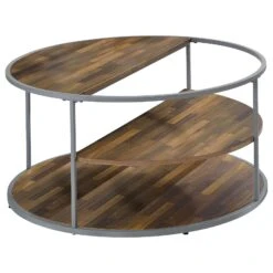 Lenn 35 Inch 3 Tier Round Brown Coffee Table, Half Shelf Design, Gray Frame-Benzara