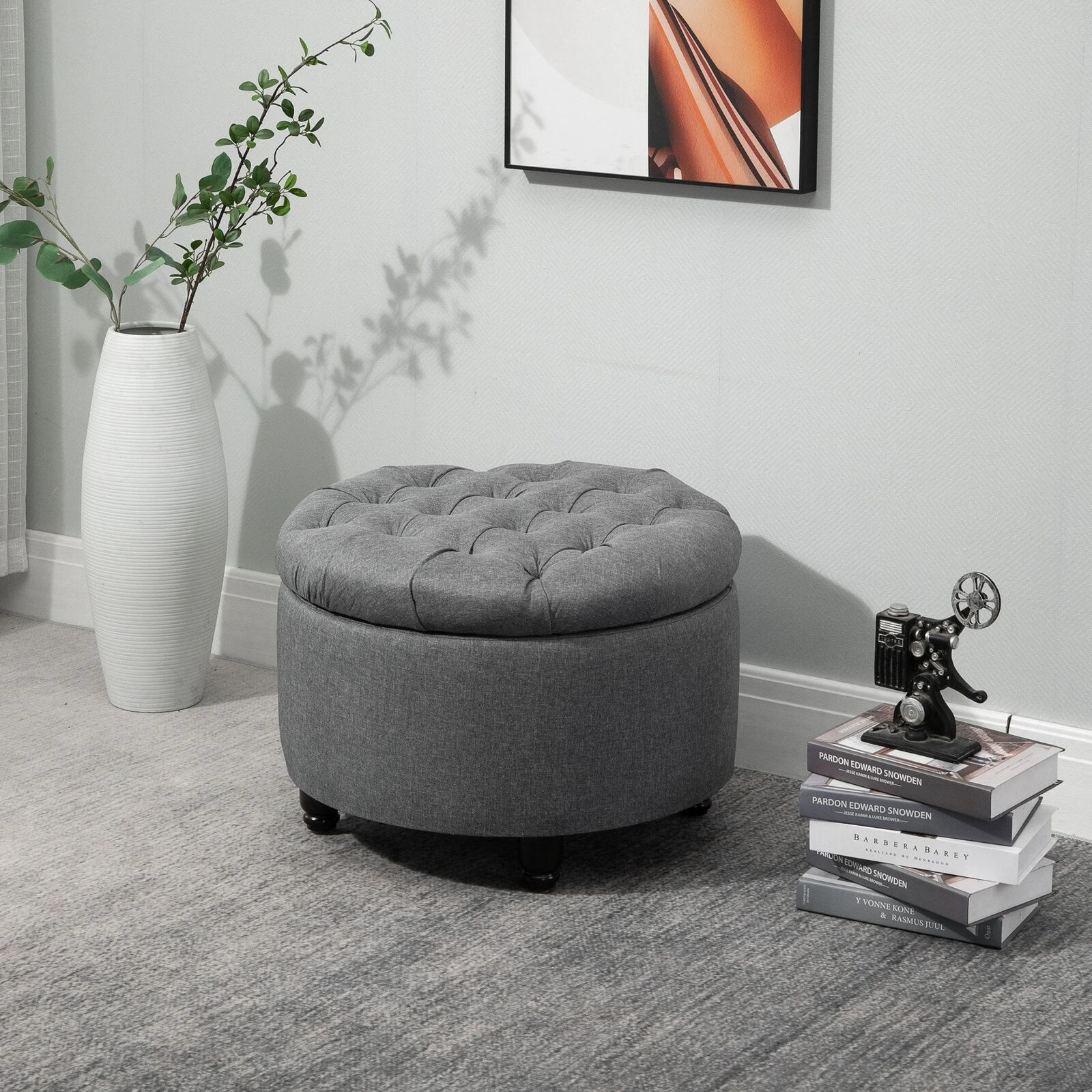 Round Linen-touch Fabric Storage Stool Ottoman Button Tufted Footrest With Removable Lid For Living Room, Entryway, Or Bedroom, Grey 4 Round Linen-touch Fabric Storage Stool Ottoman Button Tufted Footrest With Removable Lid For Living Room, Entryway, Or Bedroom, Grey - Image 2