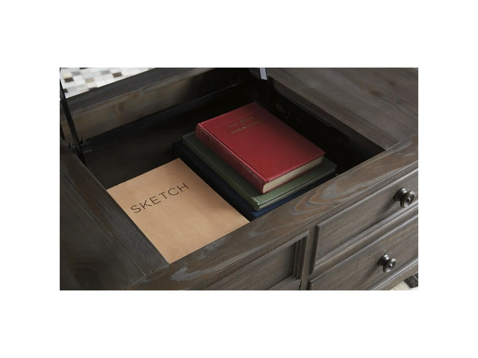 Rectangular Lift Top Wooden Cocktail Table With 4 Drawers, Rustic Brown- Benzara 5 Rectangular Lift Top Wooden Cocktail Table With 4 Drawers, Rustic Brown- Benzara - Image 3