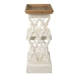 35 Inch 3 Tier Console Table, Fir Wood, Carved Panels, Brown And White-Benzara 9 35 Inch 3 Tier Console Table, Fir Wood, Carved Panels, Brown And White-Benzara -Olsberg shop 54296f541deb49278d1123eeb4325809