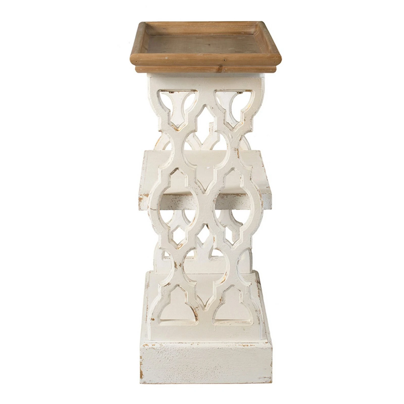 35 Inch 3 Tier Console Table, Fir Wood, Carved Panels, Brown And White-Benzara 5 35 Inch 3 Tier Console Table, Fir Wood, Carved Panels, Brown And White-Benzara - Image 3