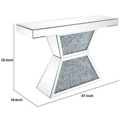 47 Inches Glass Top Console Table With Faux Stone Inlay, Silver-Benzara -Olsberg shop 55219d3ec1b0459ab2a722725236a089
