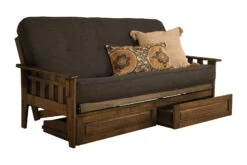 Tucson Futon In Rustic Walnut Finish With Storage Drawers And Linen Charcoal Mattress