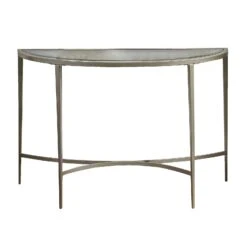 Semicircular Glass Top Sofa Table With Sleek Tapered Legs, Silver-Benzara