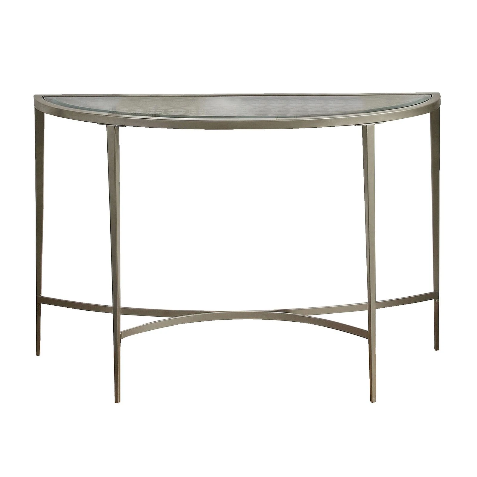 Semicircular Glass Top Sofa Table With Sleek Tapered Legs, Silver-Benzara 3 Semicircular Glass Top Sofa Table With Sleek Tapered Legs, Silver-Benzara