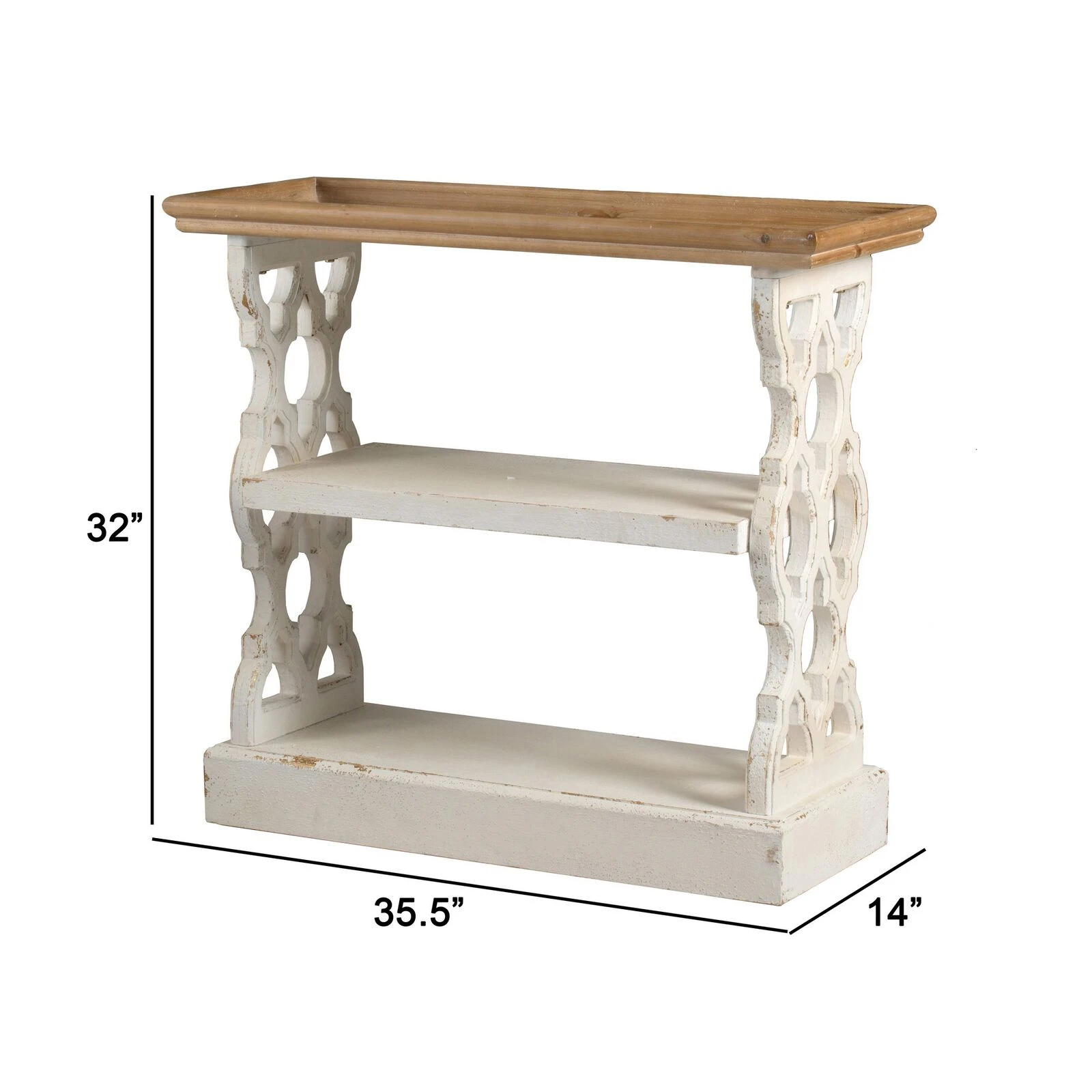 35 Inch 3 Tier Console Table, Fir Wood, Carved Panels, Brown And White-Benzara 7 35 Inch 3 Tier Console Table, Fir Wood, Carved Panels, Brown And White-Benzara - Image 5