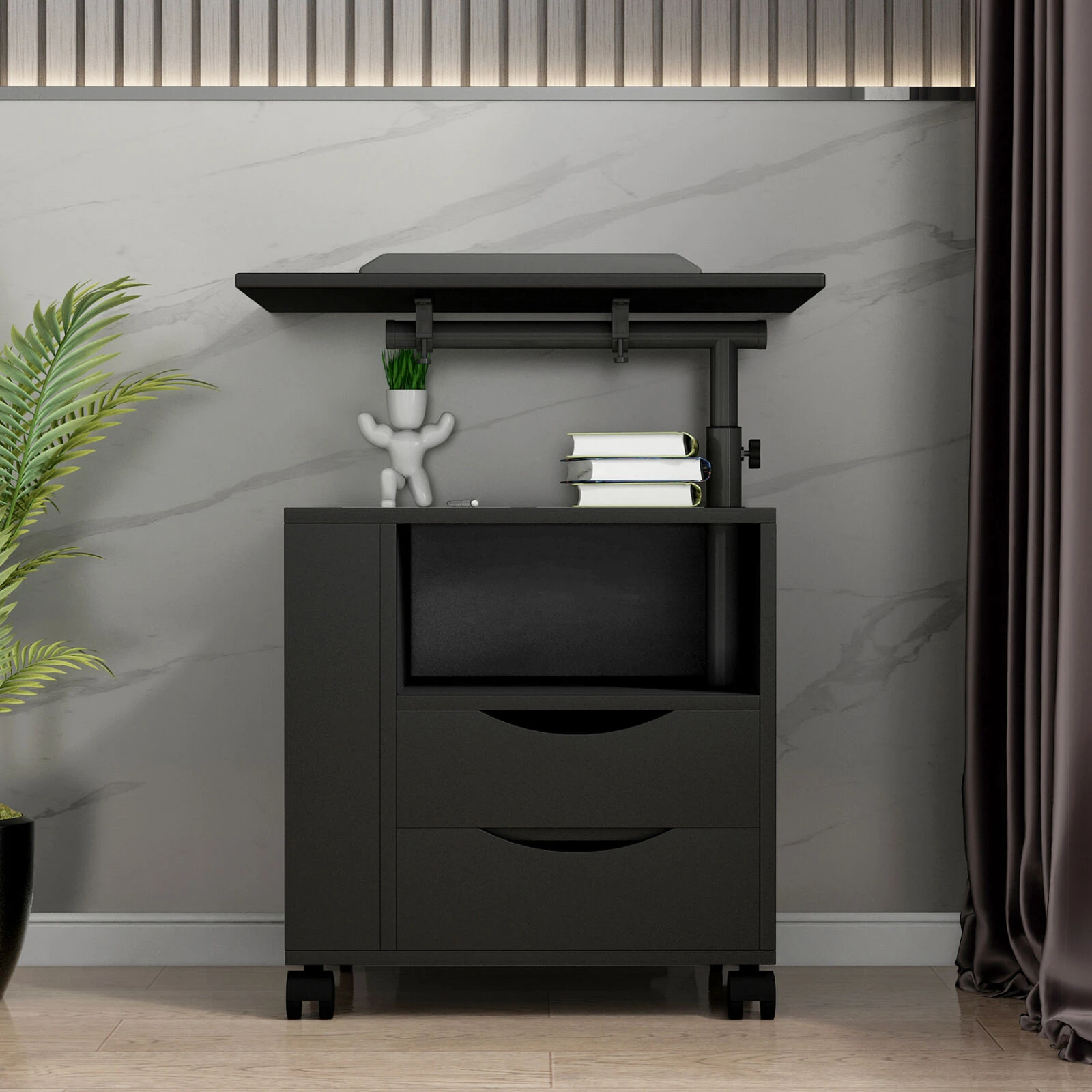Height Adjustable Overbed End Table Wooden Nightstand With Swivel Top, Drawers, Wheels And Open Shelf, Black 4 Height Adjustable Overbed End Table Wooden Nightstand With Swivel Top, Drawers, Wheels And Open Shelf, Black - Image 2